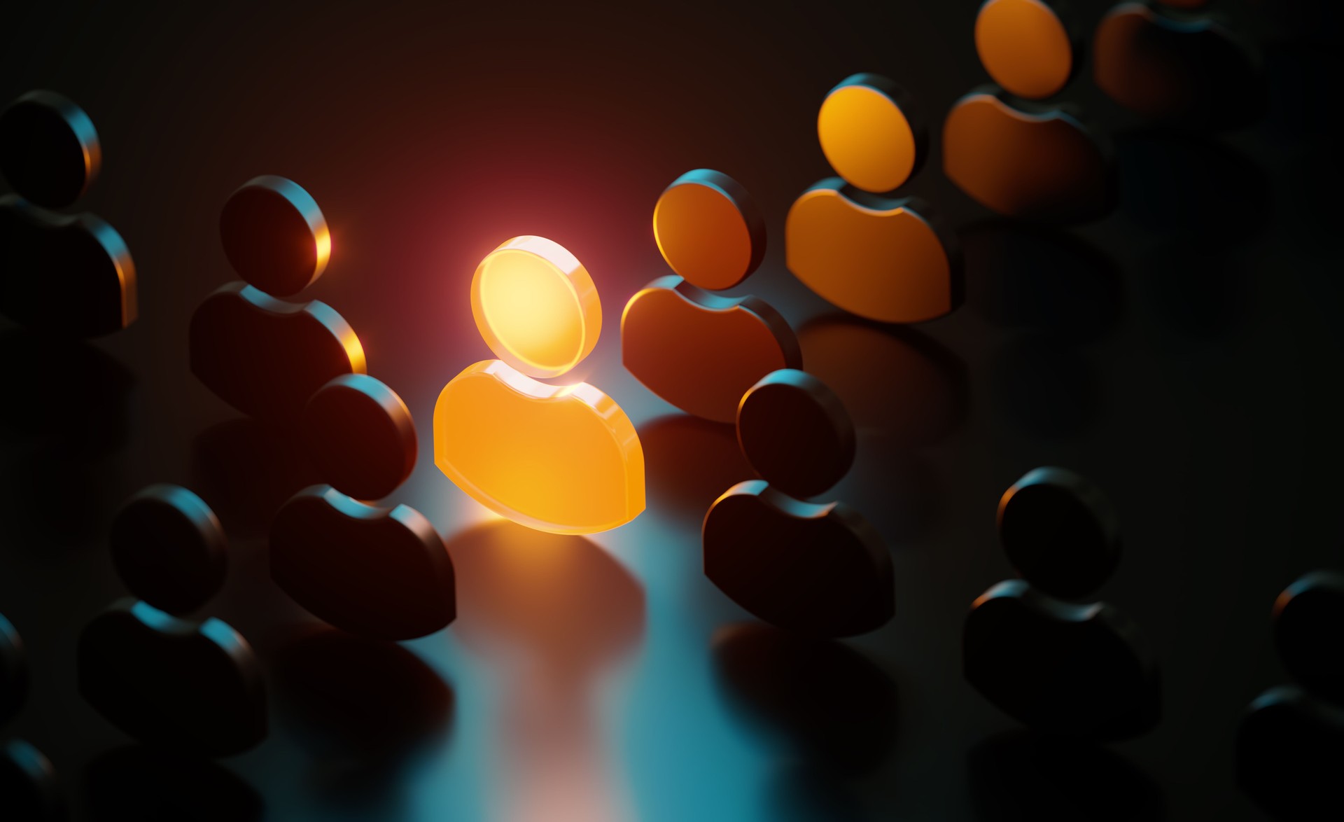 Orange Human Symbol Glowing Amid Black Human Symbols On Black Background
