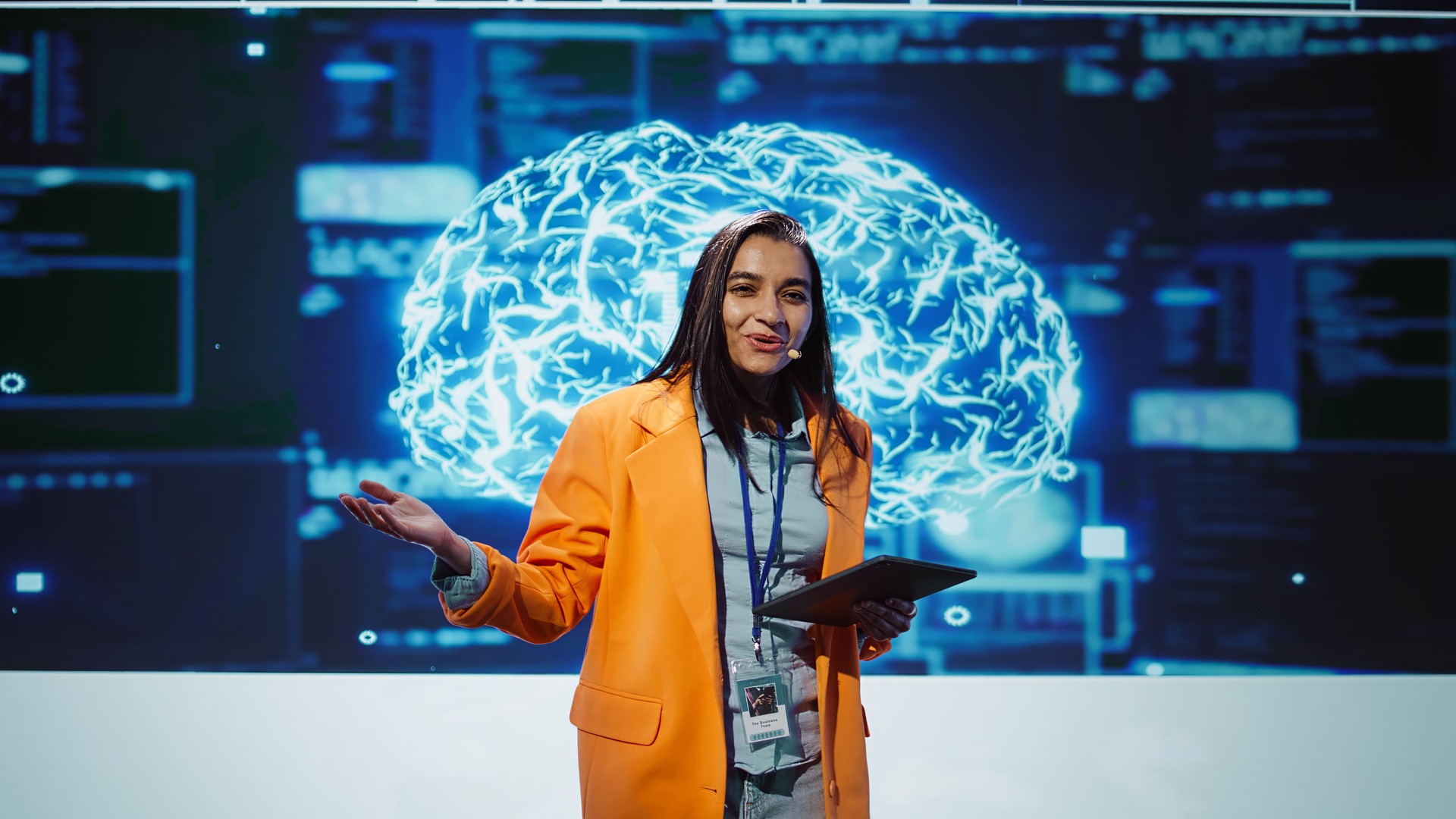 Presenter promoting artificial intelligence business solutions
