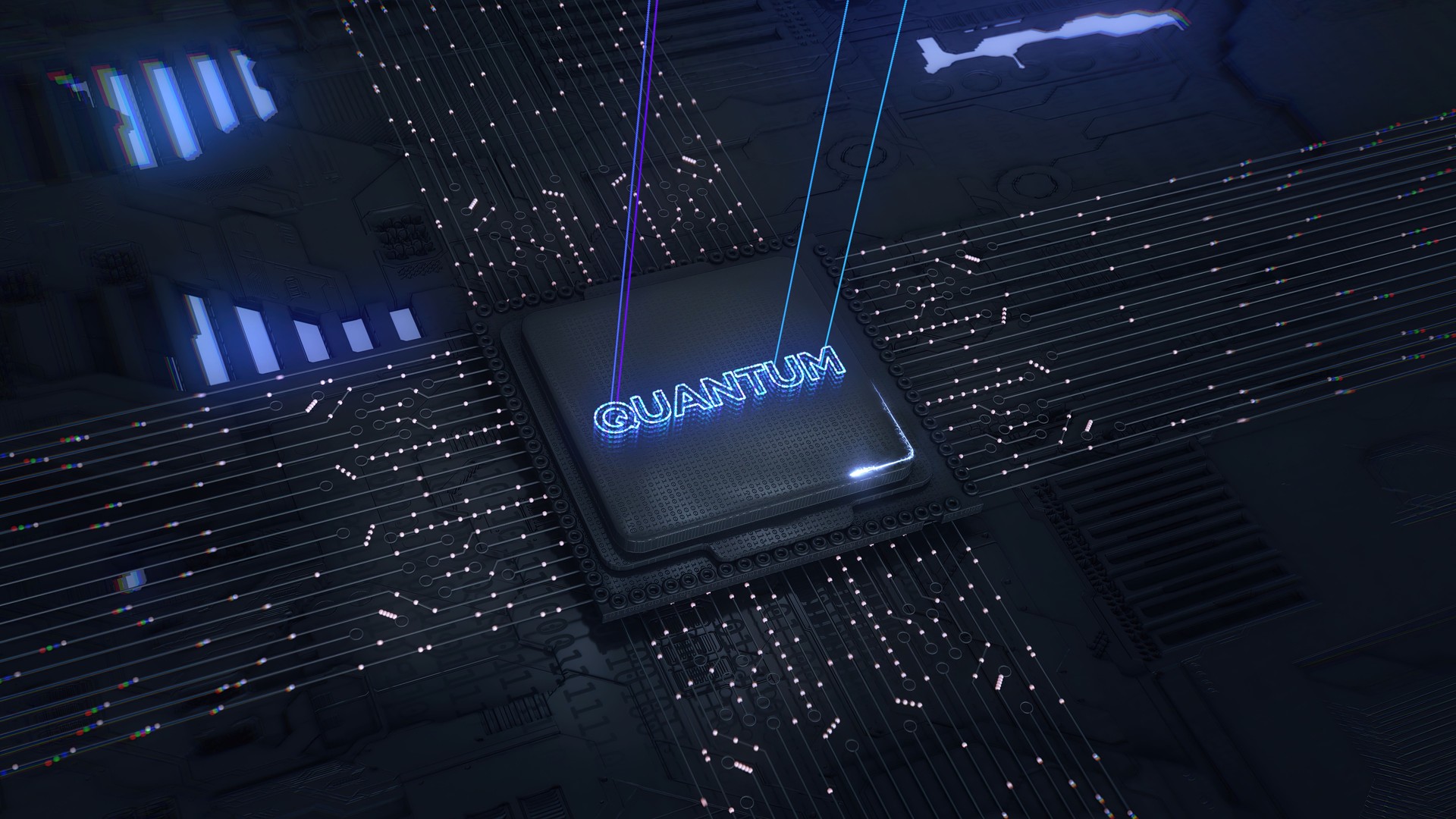 Quantum.Digital futuristic text.Advanced Technology Concept Visualization: Circuit Board CPU Processor Microchip Starting Artificial Intelligence Digitalization of Neural Networking and Cloud Computing data.
