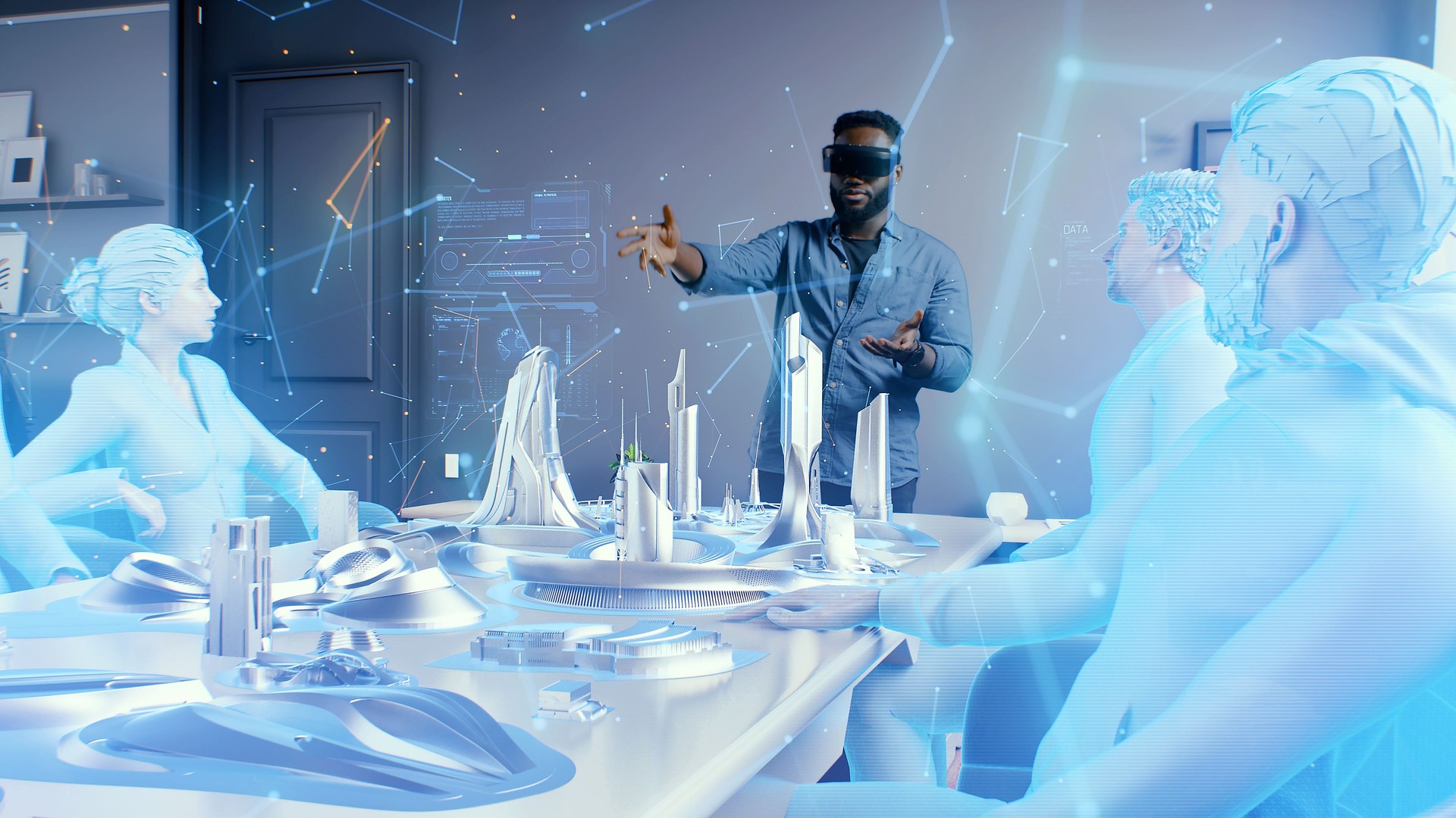 Man in cyberspace of meta universe discussing architectural project